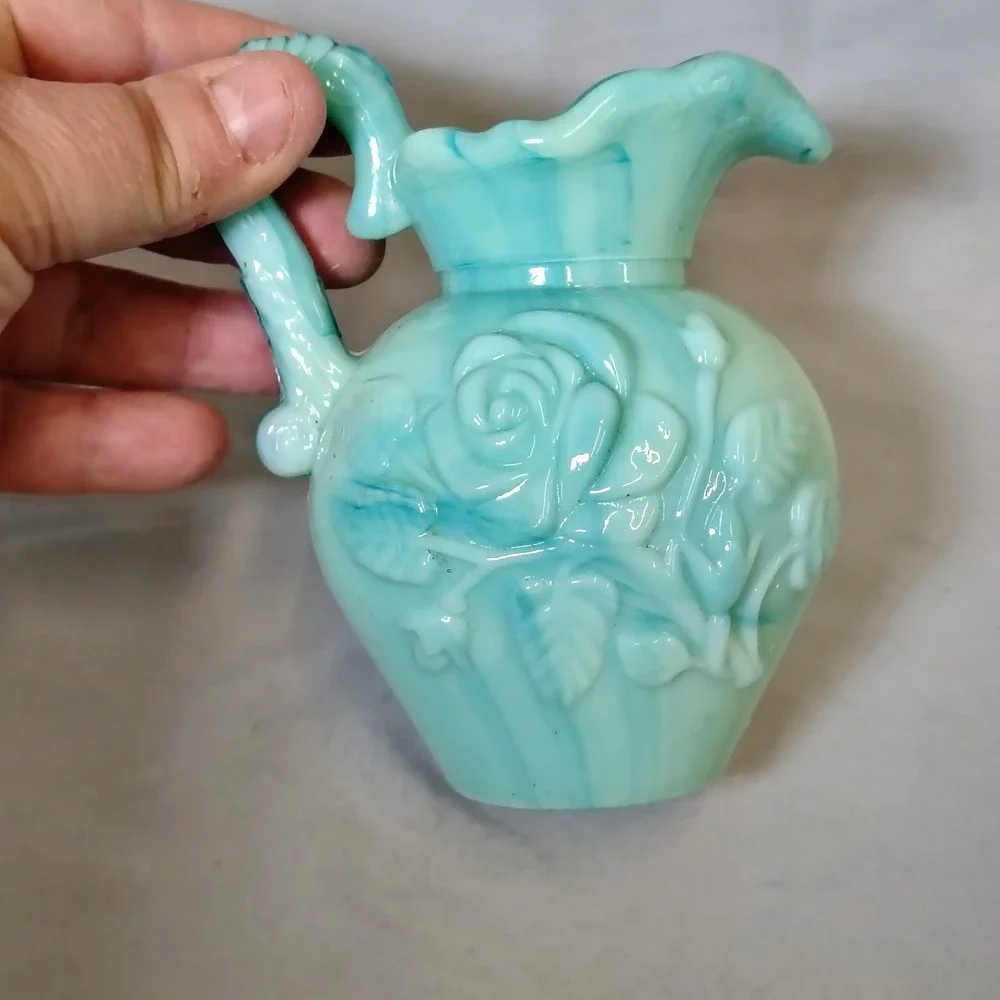 Avon Vintage Green Teal Slag Glass Roses Mini Pitcher and Bowl Basin‎ Set